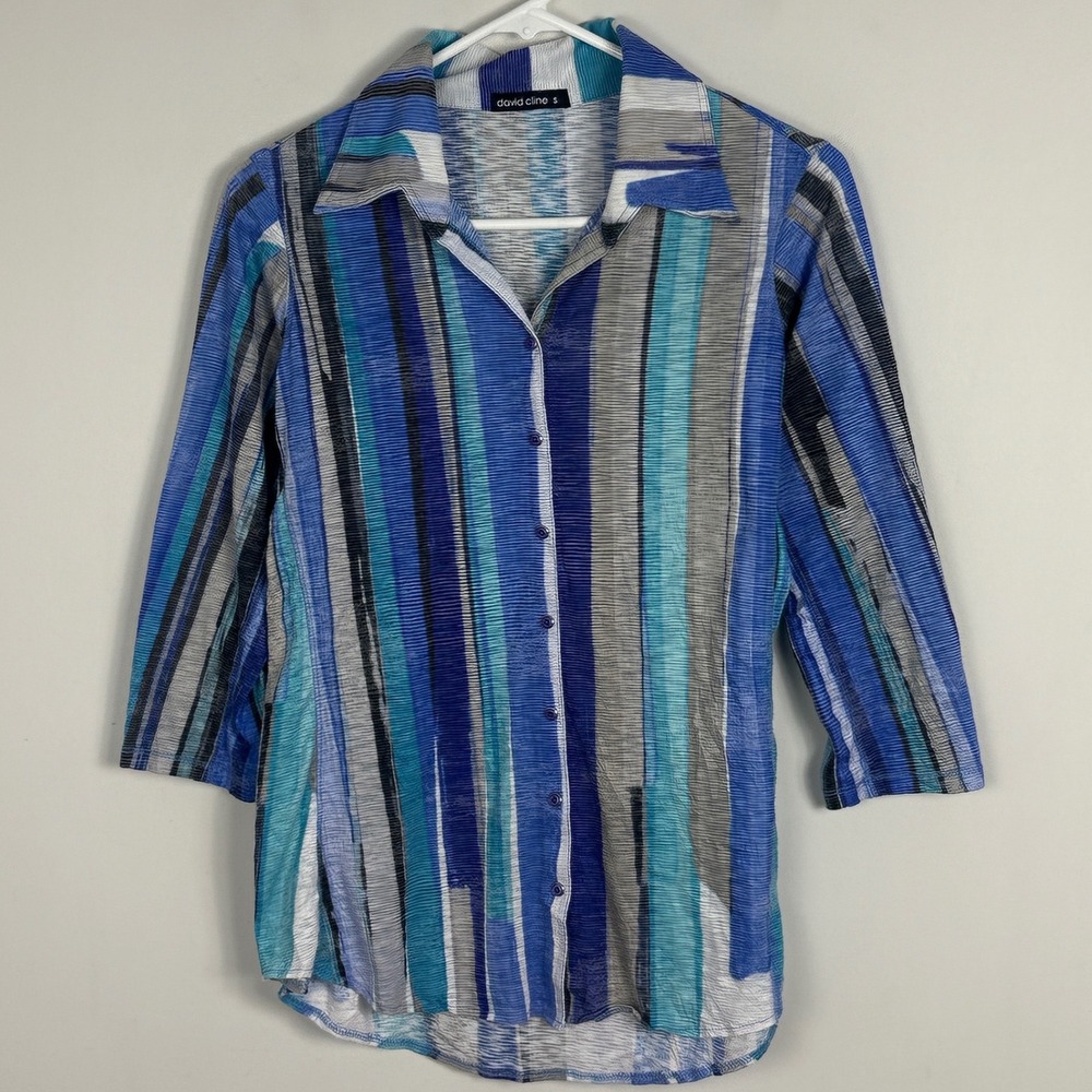 David Cline Newport Snap Button Collared Shirt Womens Size Small Blue Stripes